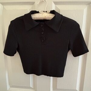Women’s Black Ribbed Polo Crop Top